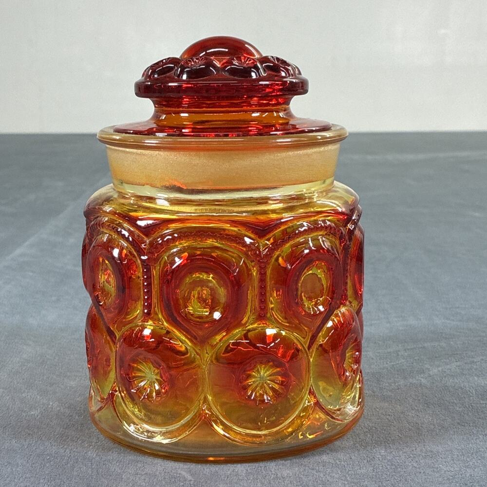 L E Smith Moon & Stars Red Cadmium Amberina Glass Canister Apothecary 7 “ Jar